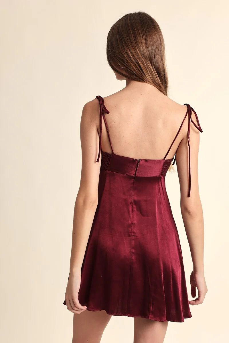 Serena Burgundy Satin Babydoll Mini Dress
