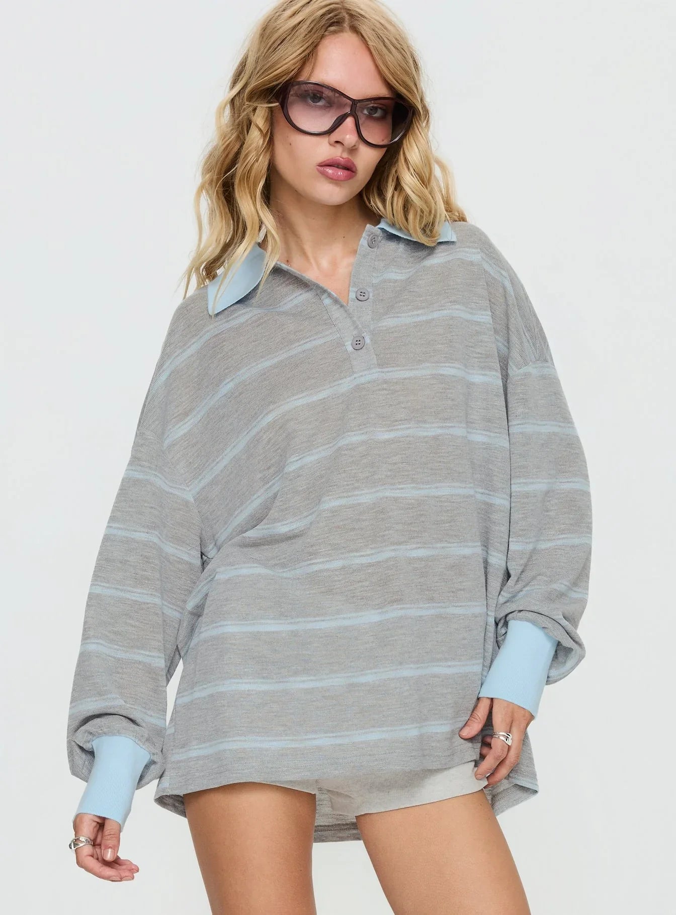 Aleka Long Sleeve Rugby Jersey Grey Blue Stripe
