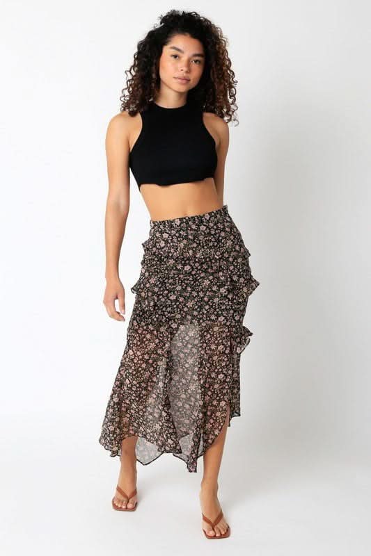 Olivia Black Floral Print Midi Skirt