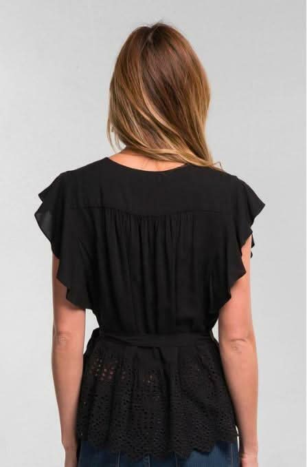 Once Again Black Eyelet Ruffle Sleeve Wrap Top