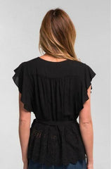 Once Again Black Eyelet Ruffle Sleeve Wrap Top