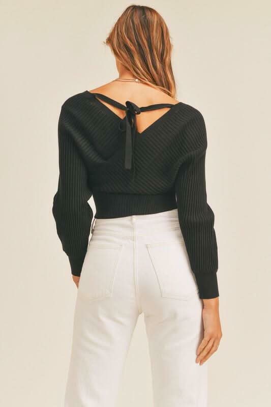 Natasha Black Ribbed Surplice Cropped Sweater