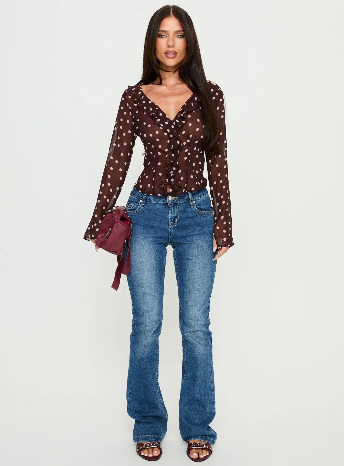 Corazon Sheer Frill Long Sleeve Top Burgundy Polka