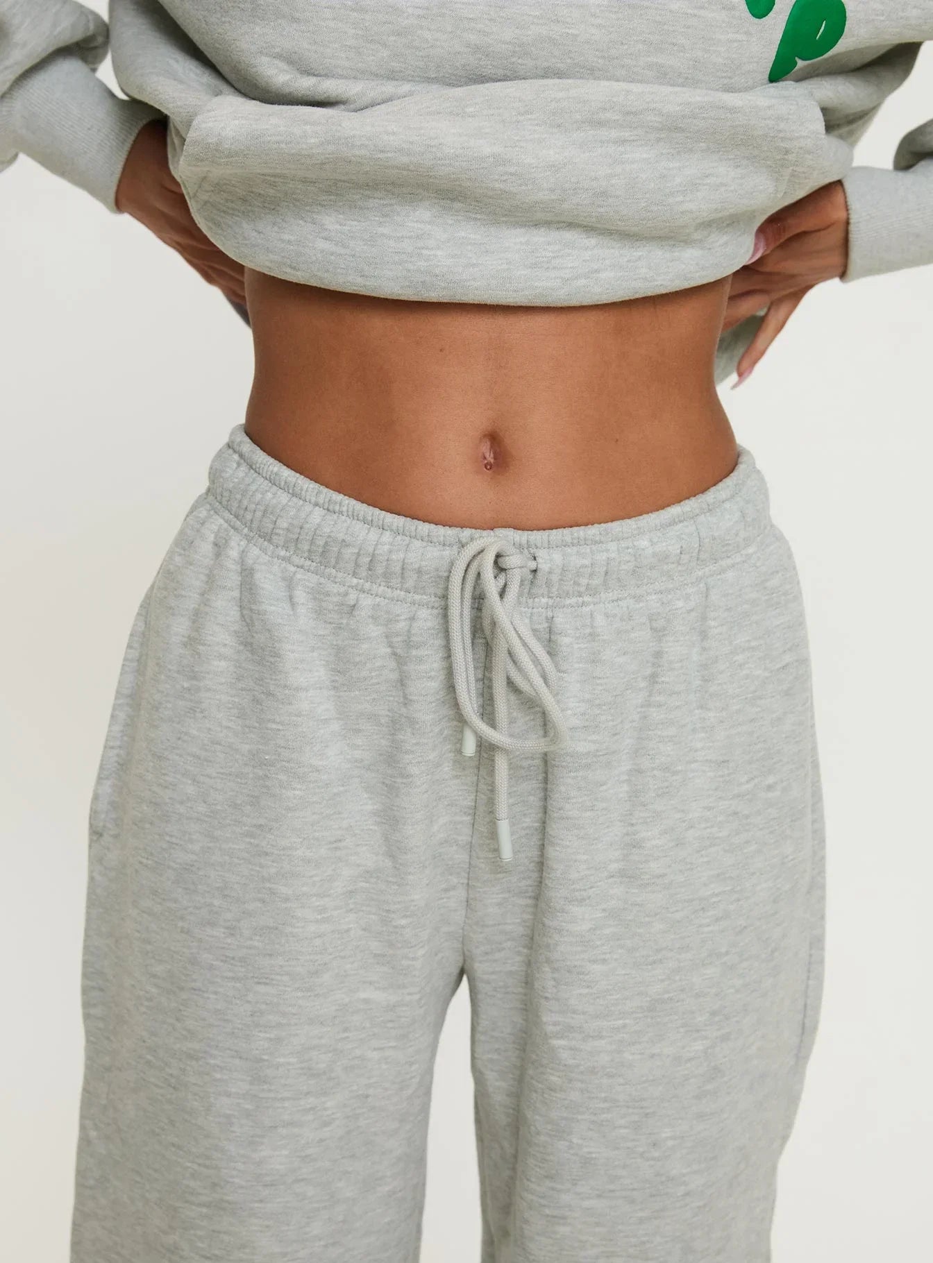 Princess Polly Wide Leg Track Pant Bubble Text Grey Marle Green