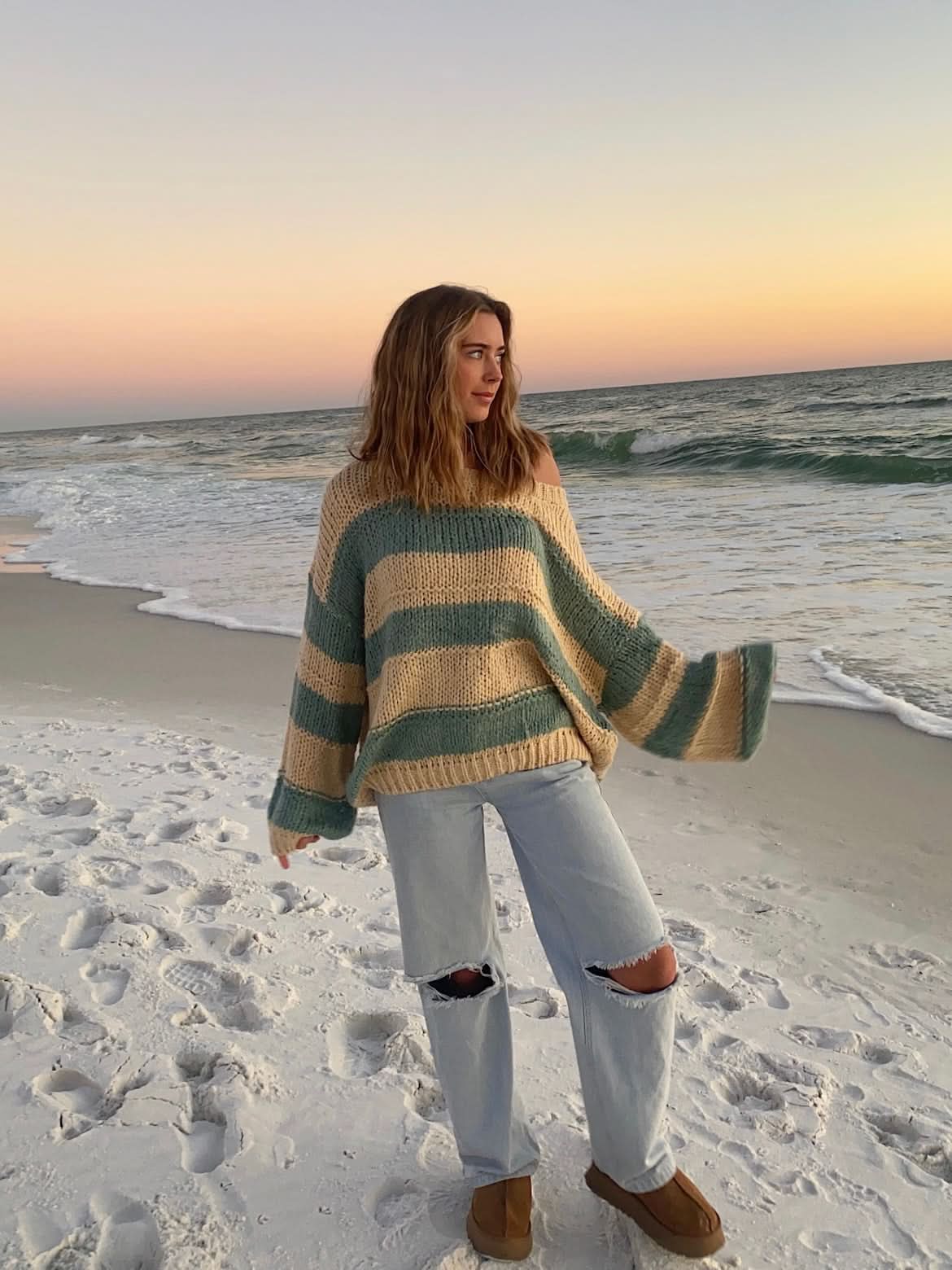 Poppy Beige and Sage Striped Oversized Sweater