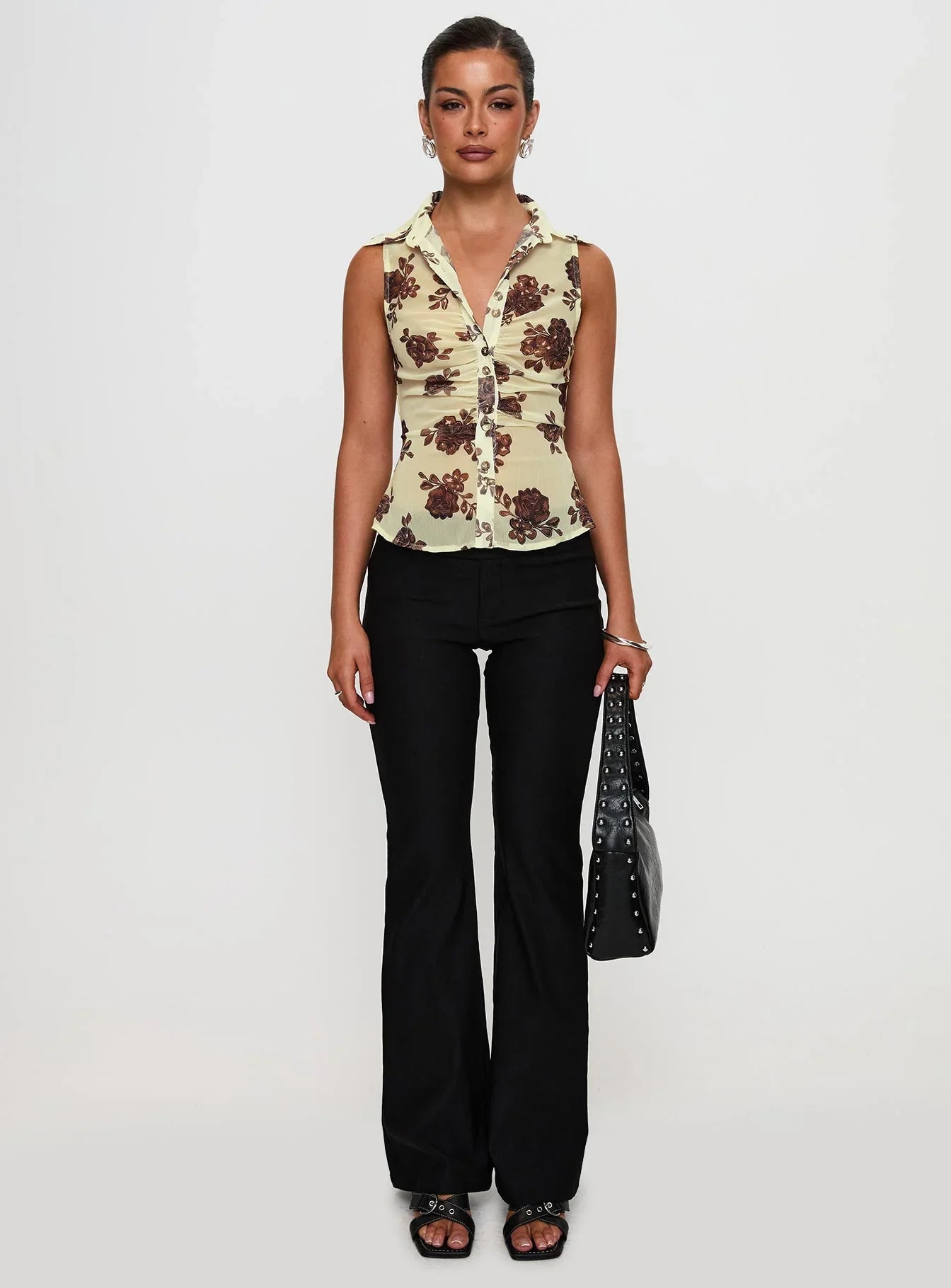Present Tense Sheer Ruched Top Yellow Floral