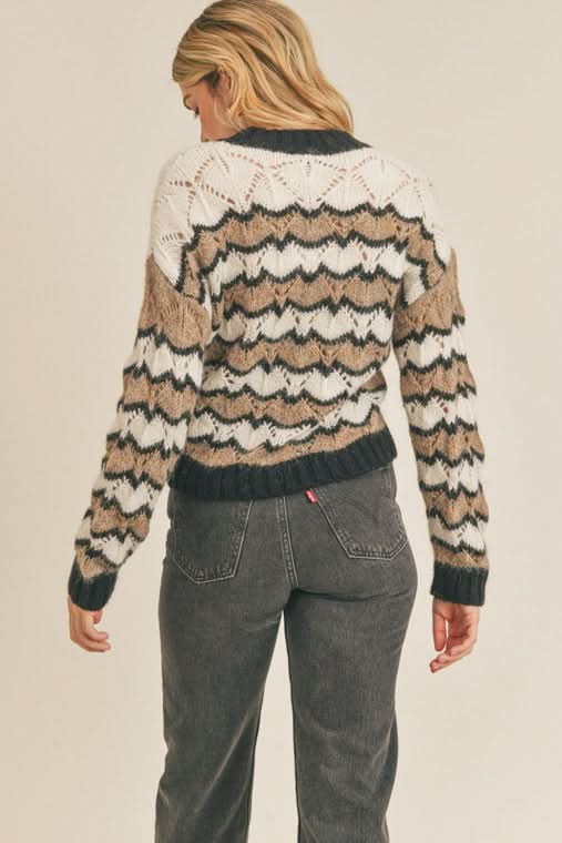 LUSH Allie Cream and Black Striped Pointelle Sweater