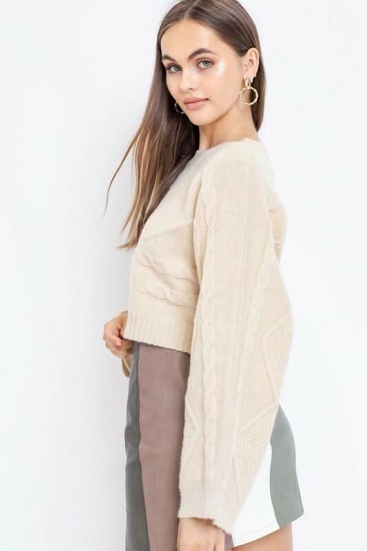 Luca Beige Cable Knit Bell Sleeve Sweater