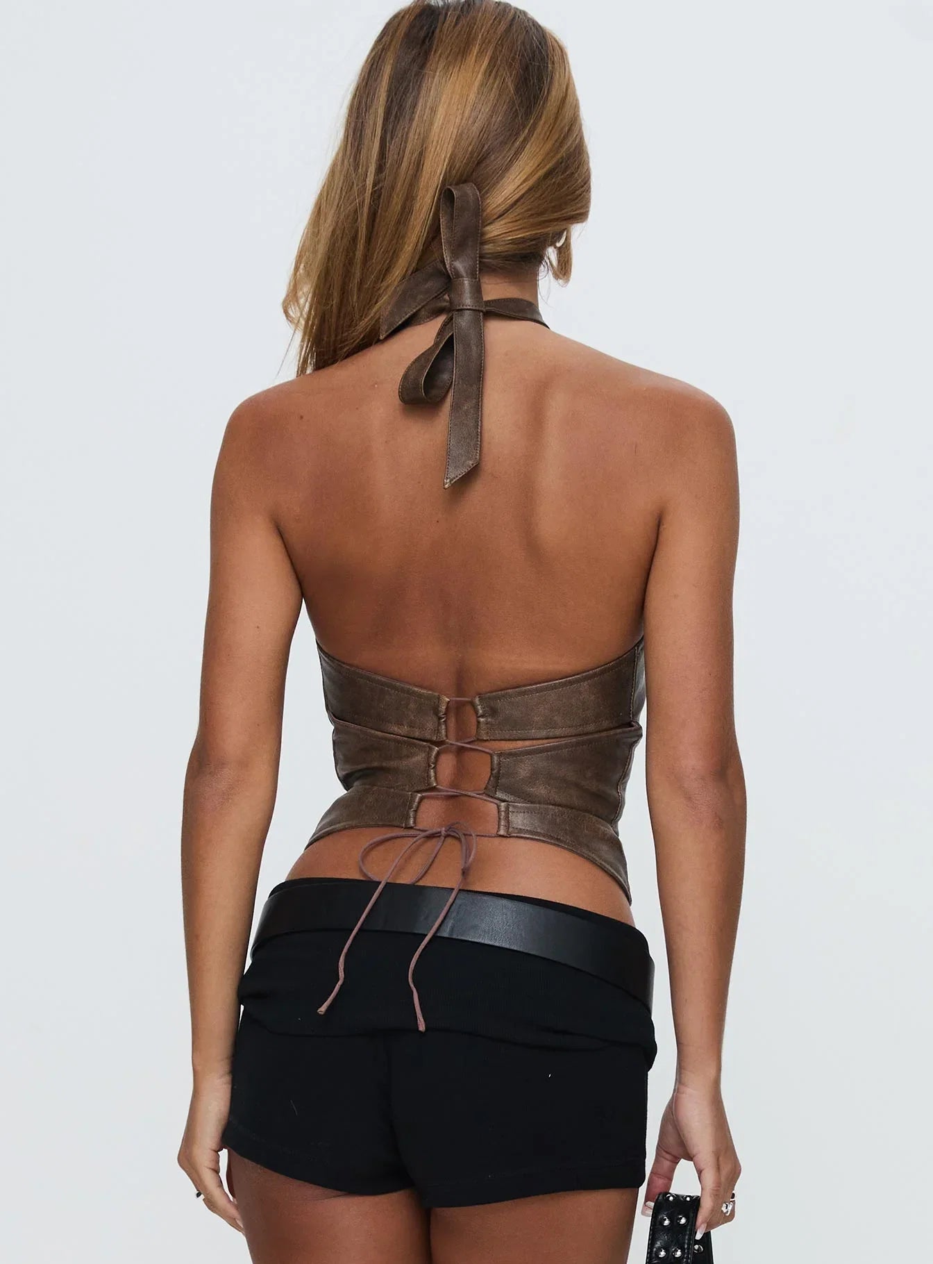 Treat You Better Ring Detail Faux Leather Top Brown