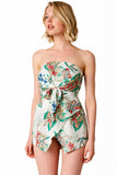 Ariah White Tropical Print Strapless Romper
