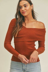 Lara Rust Ribbed Off The Shoulder Sweater Top