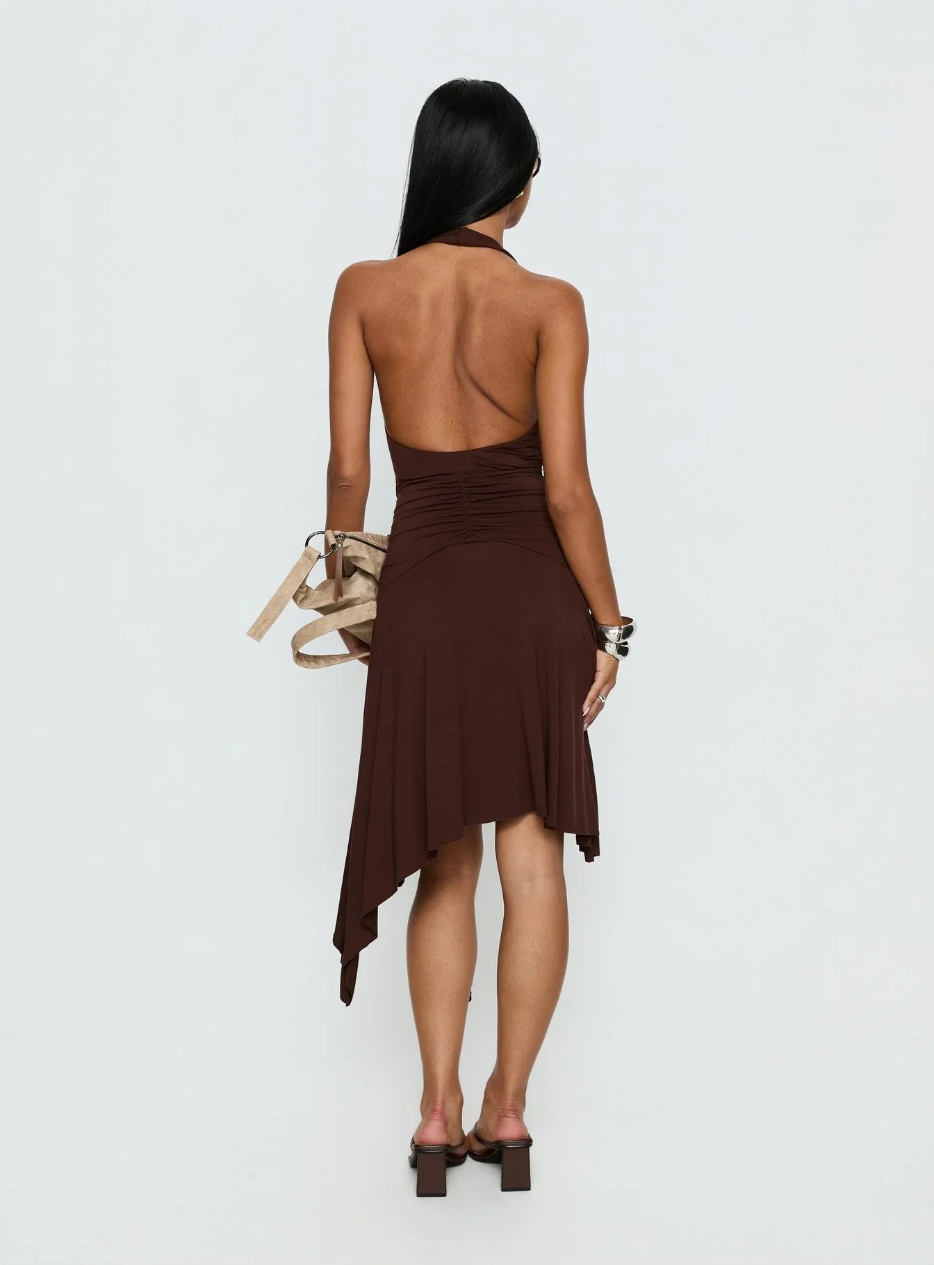 Moonlit Honey Asymmetrical Halter Jersey Midi Dress Chocolate