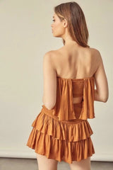 Monaco Caramel Strapless Ruffle Romper