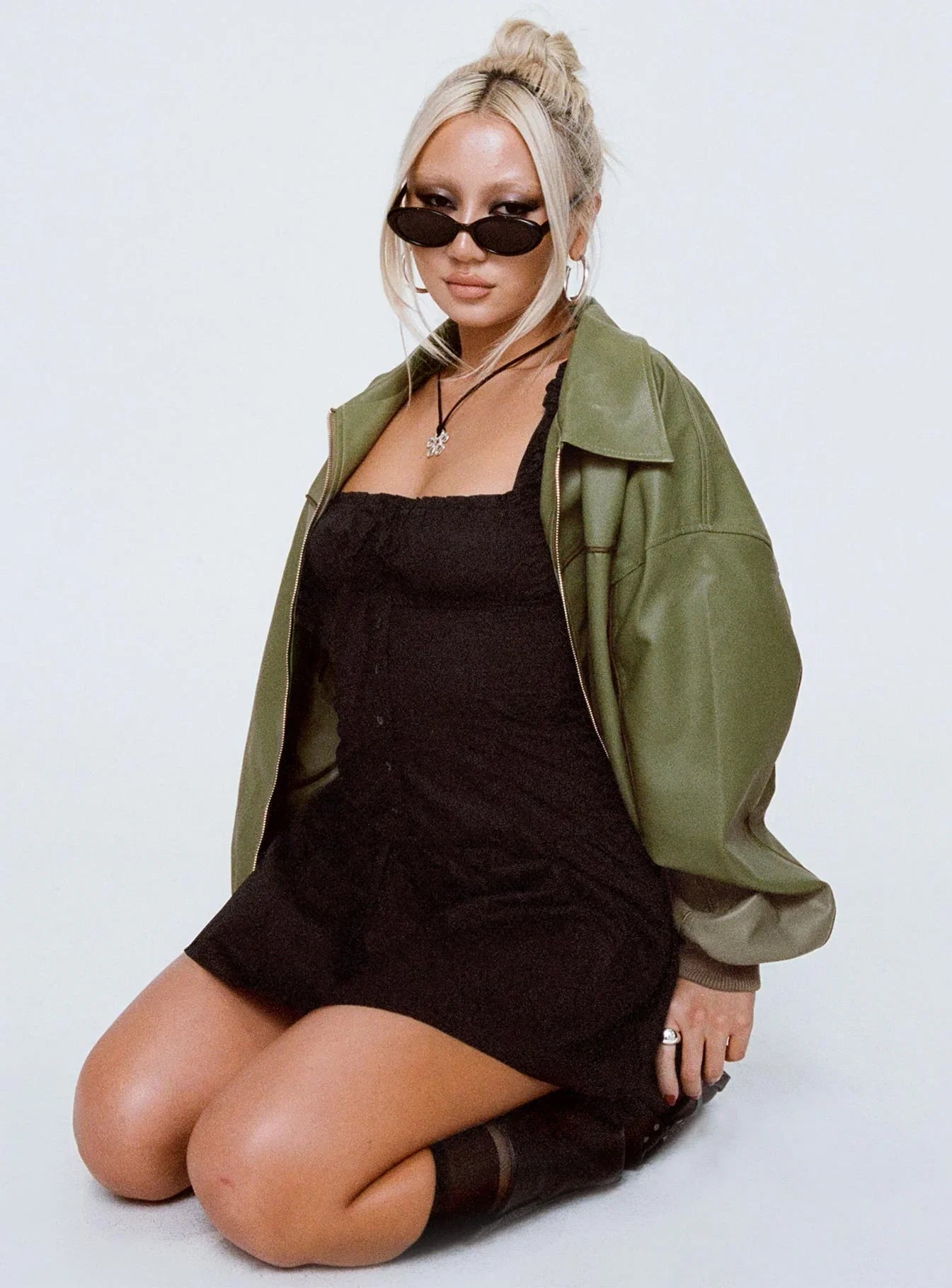 Goldsmith Faux Leather Bomber Jacket Green