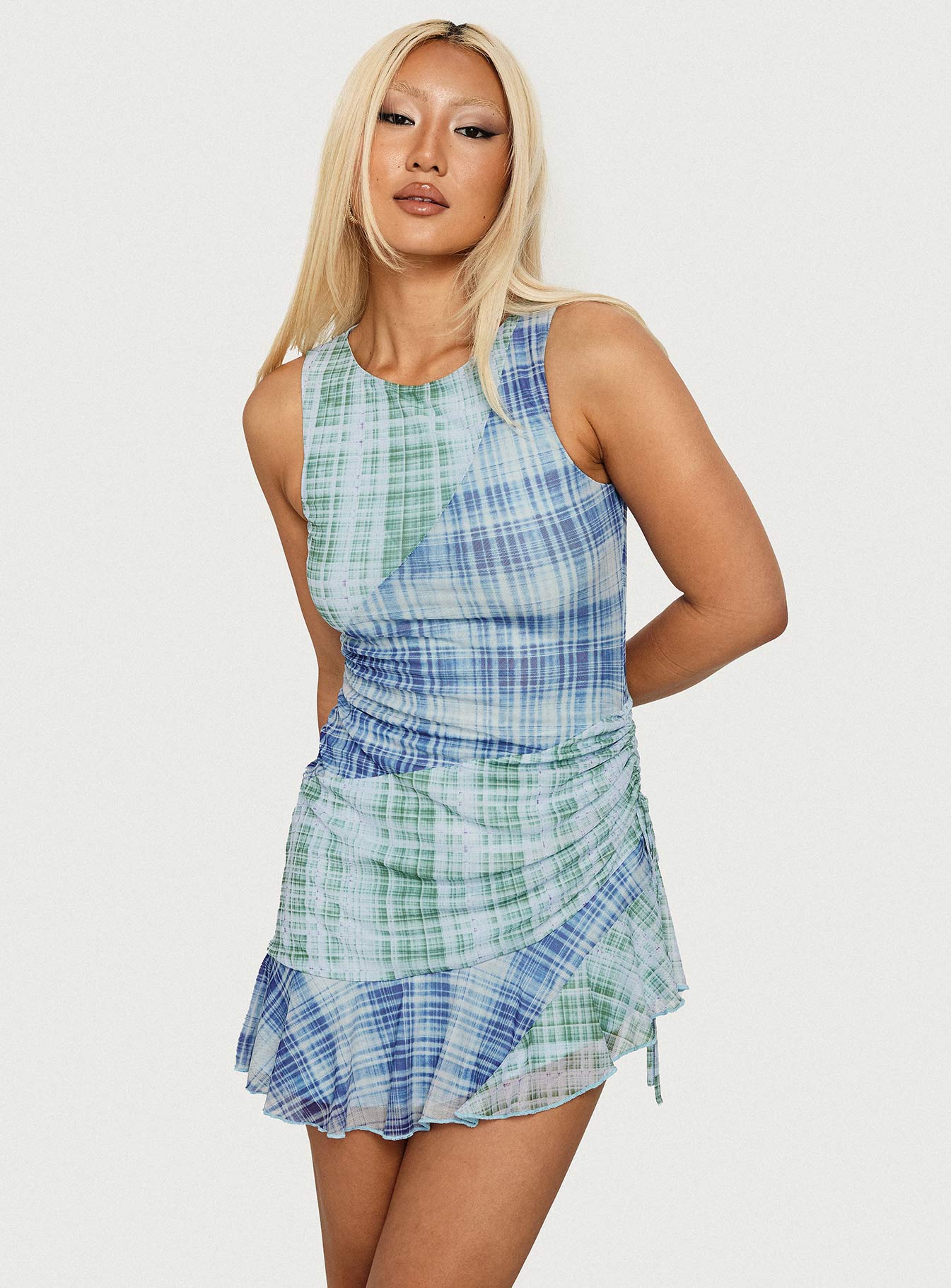 Timelapse Asymmetrical Splice Mini Dress Blue Green Plaid