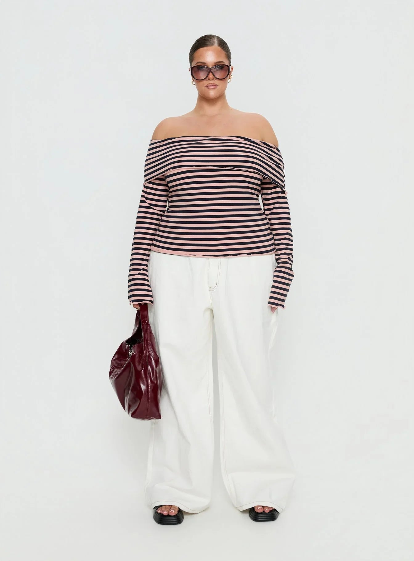 Janicia Off Shoulder Top Pink Stripe Curve