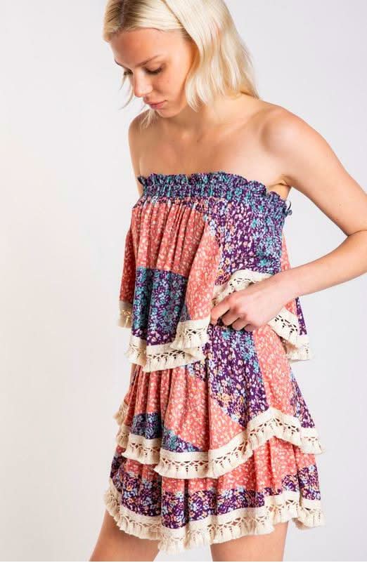 Summer Fields Blue and Blush Floral Print Strapless Two Piece Set