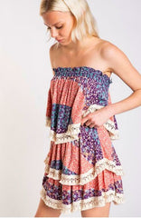 Summer Fields Blue and Blush Floral Print Strapless Two Piece Set
