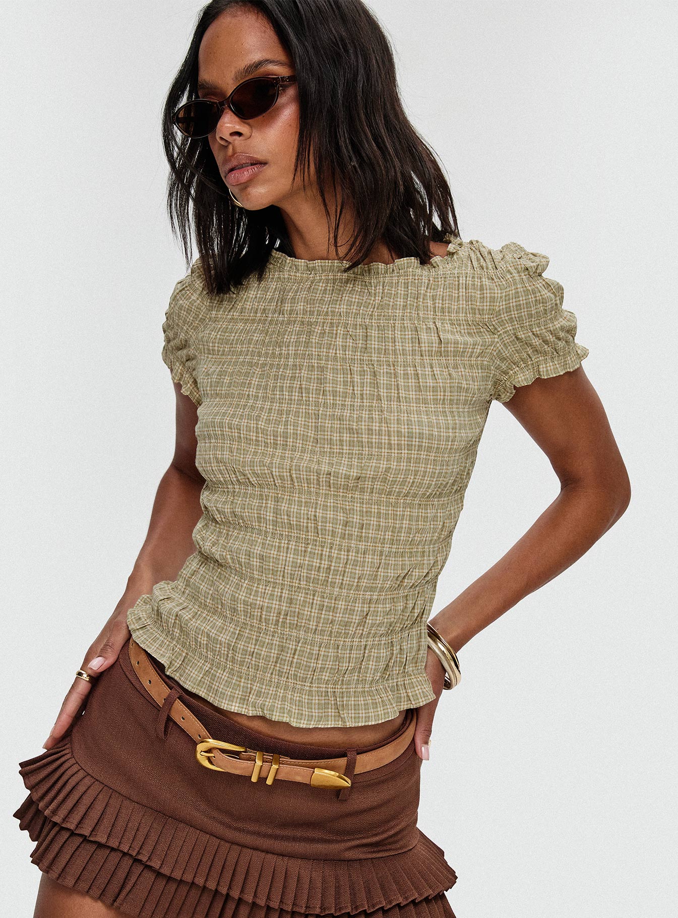 Romelle Shirred Top Green Brown Plaid