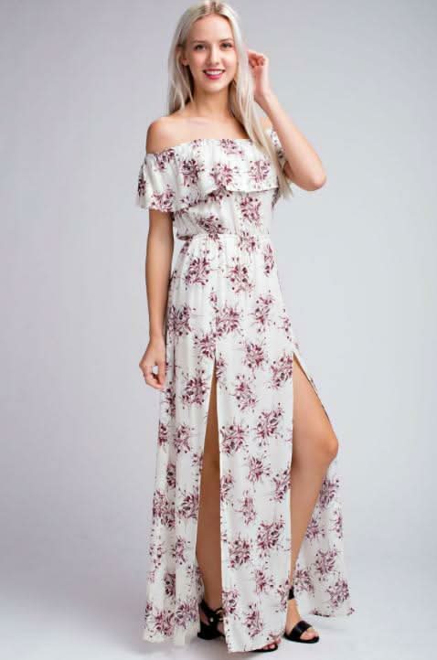 I Adore White Floral Print Off the Shoulder Maxi Dress