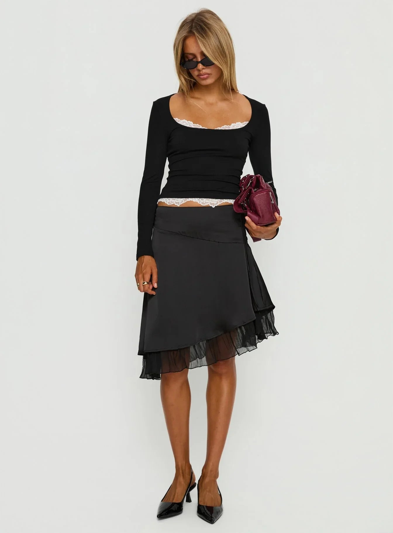 Falling Through Lace Detail Long Sleeve Top Black