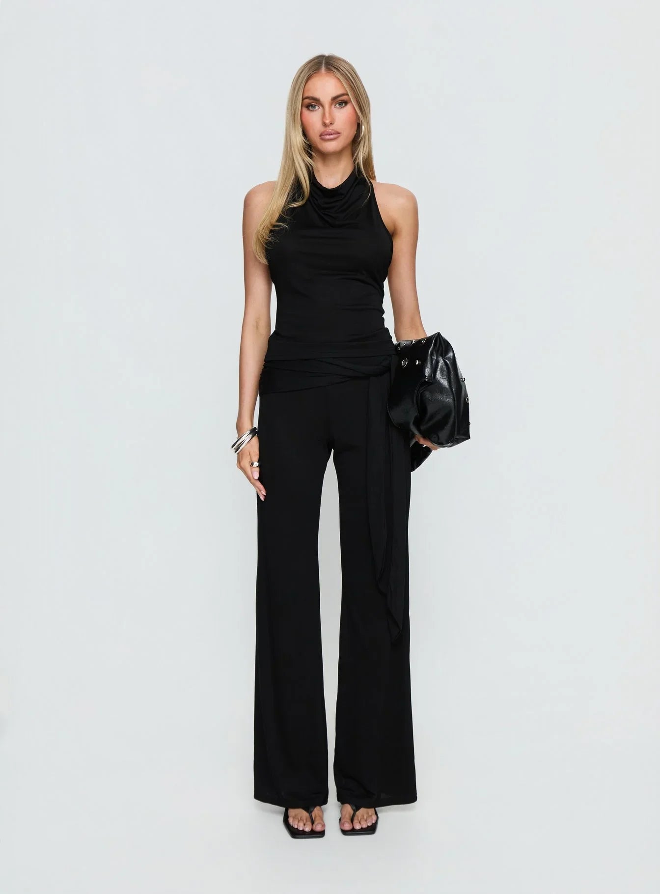 Katiana High Neck Cowl Top Black