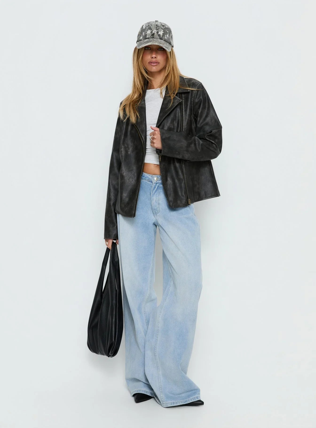 Vyolette Faux Leather Collared Jacket Washed Black