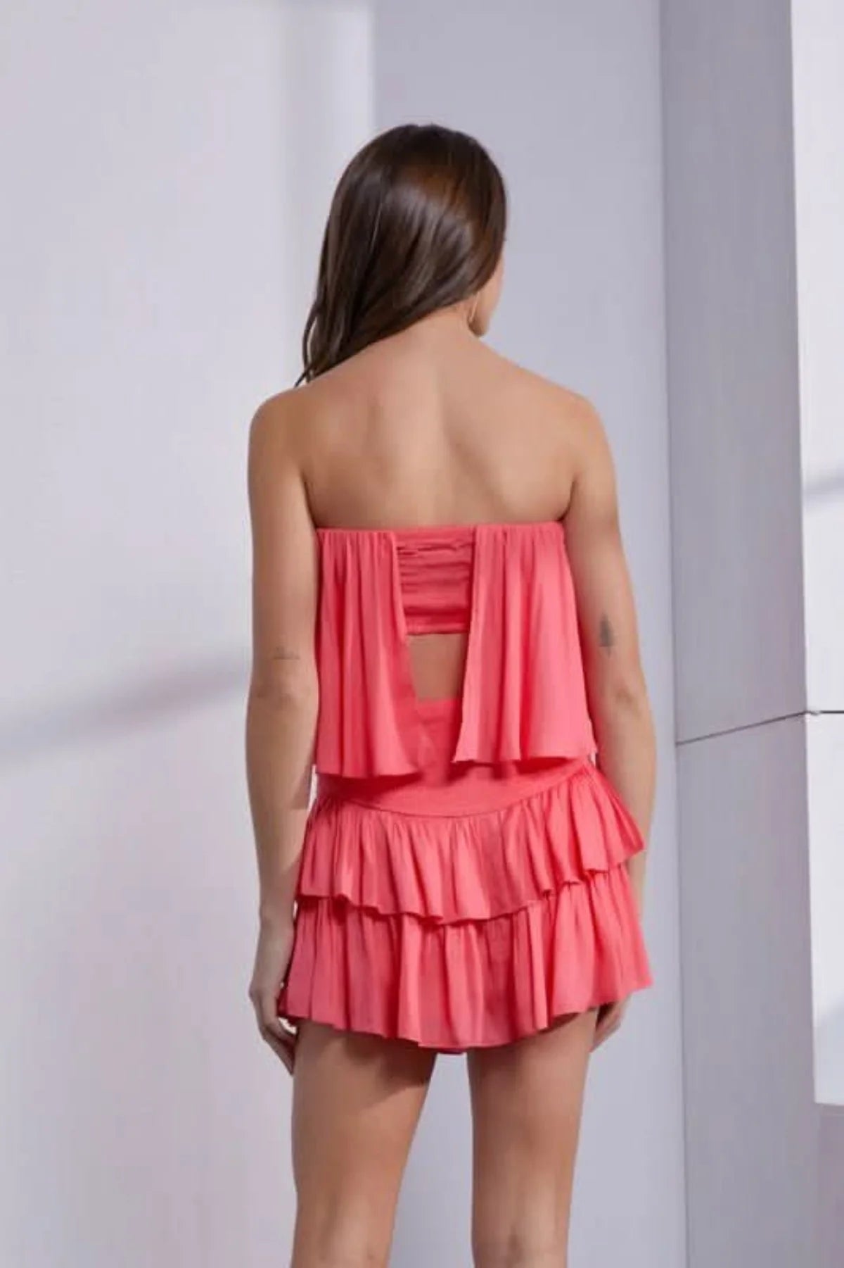 Monaco Coral Strapless Ruffle Romper