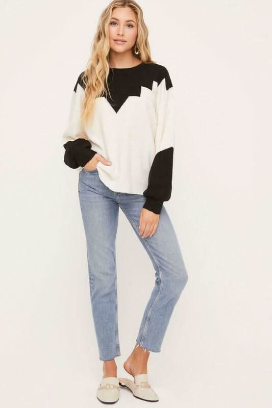 Just In Time Ivory and Black Colorblock Crew Neck Sweater
