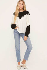 Just In Time Ivory and Black Colorblock Crew Neck Sweater