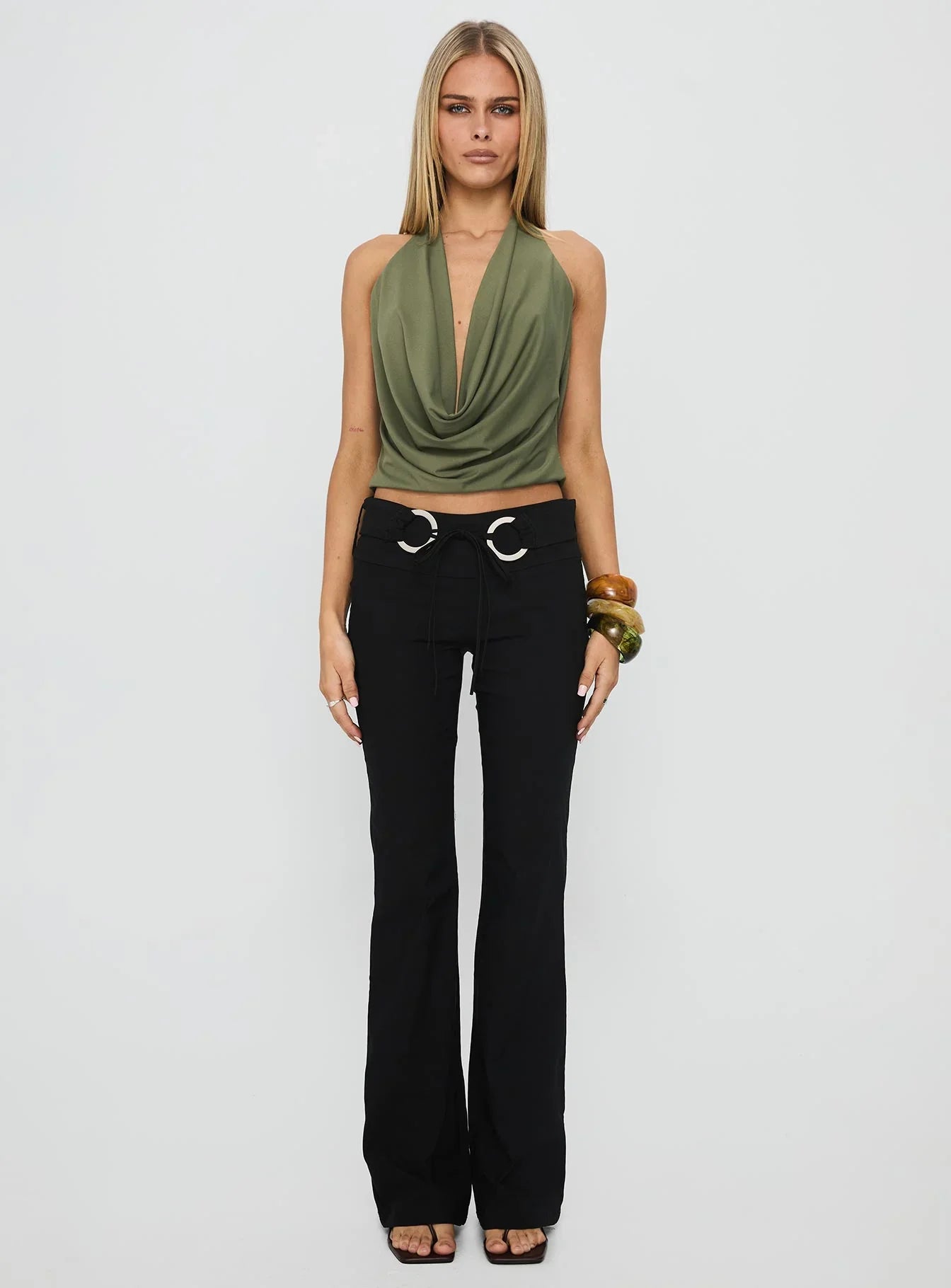 Carefree Days Jersey Cowl Neck Top Khaki