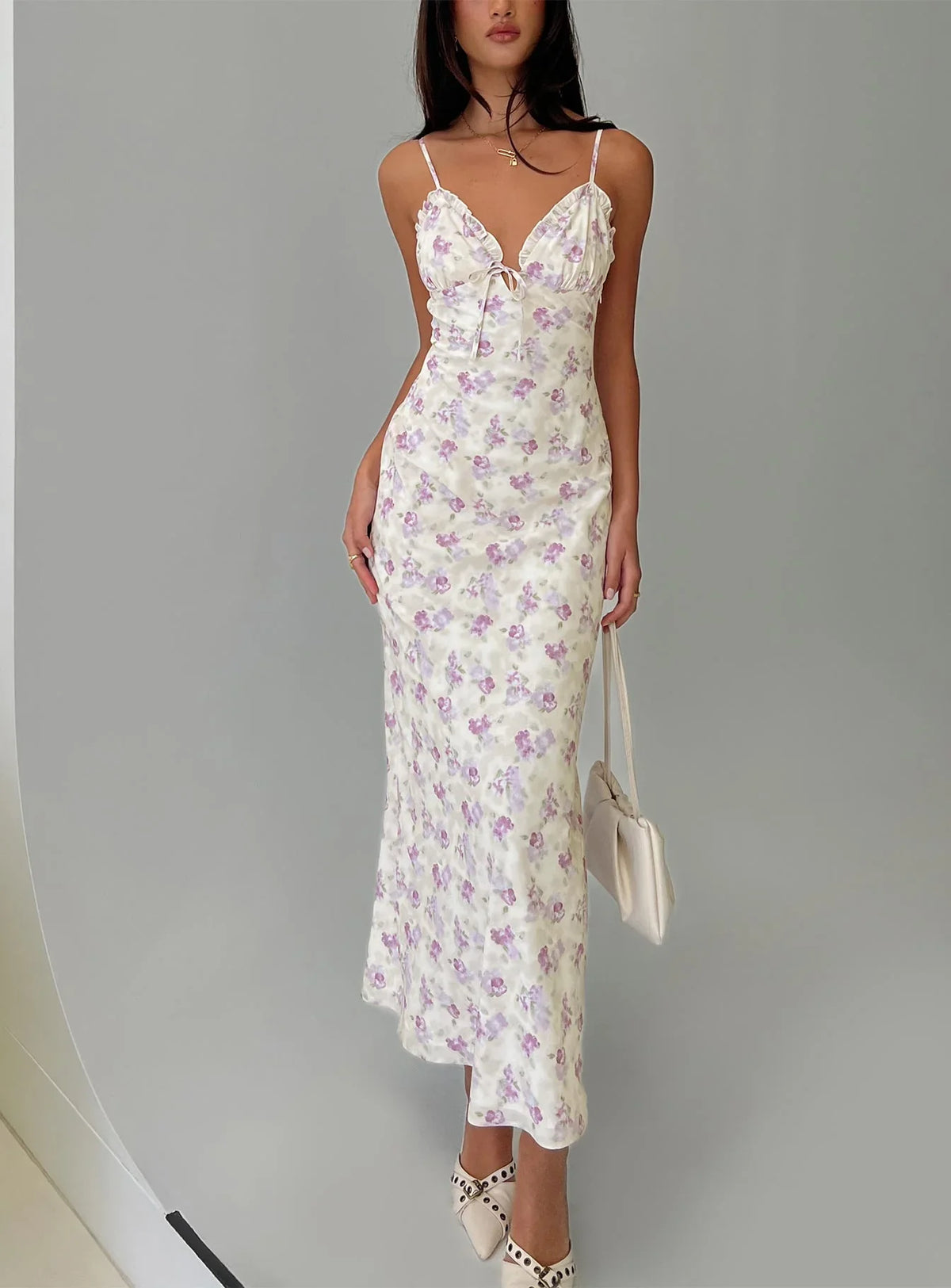 Jessamine Frill Maxi Dress White Lilac