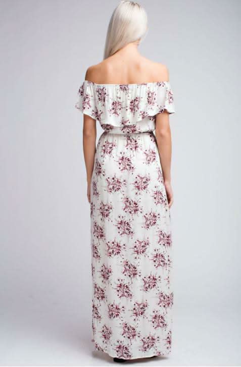 I Adore White Floral Print Off the Shoulder Maxi Dress