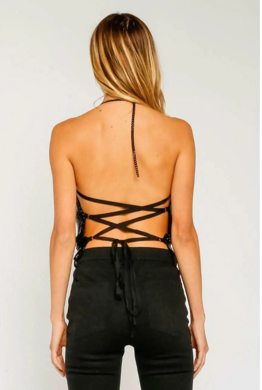 What You Want Black Metallic Lace Up Halter Top