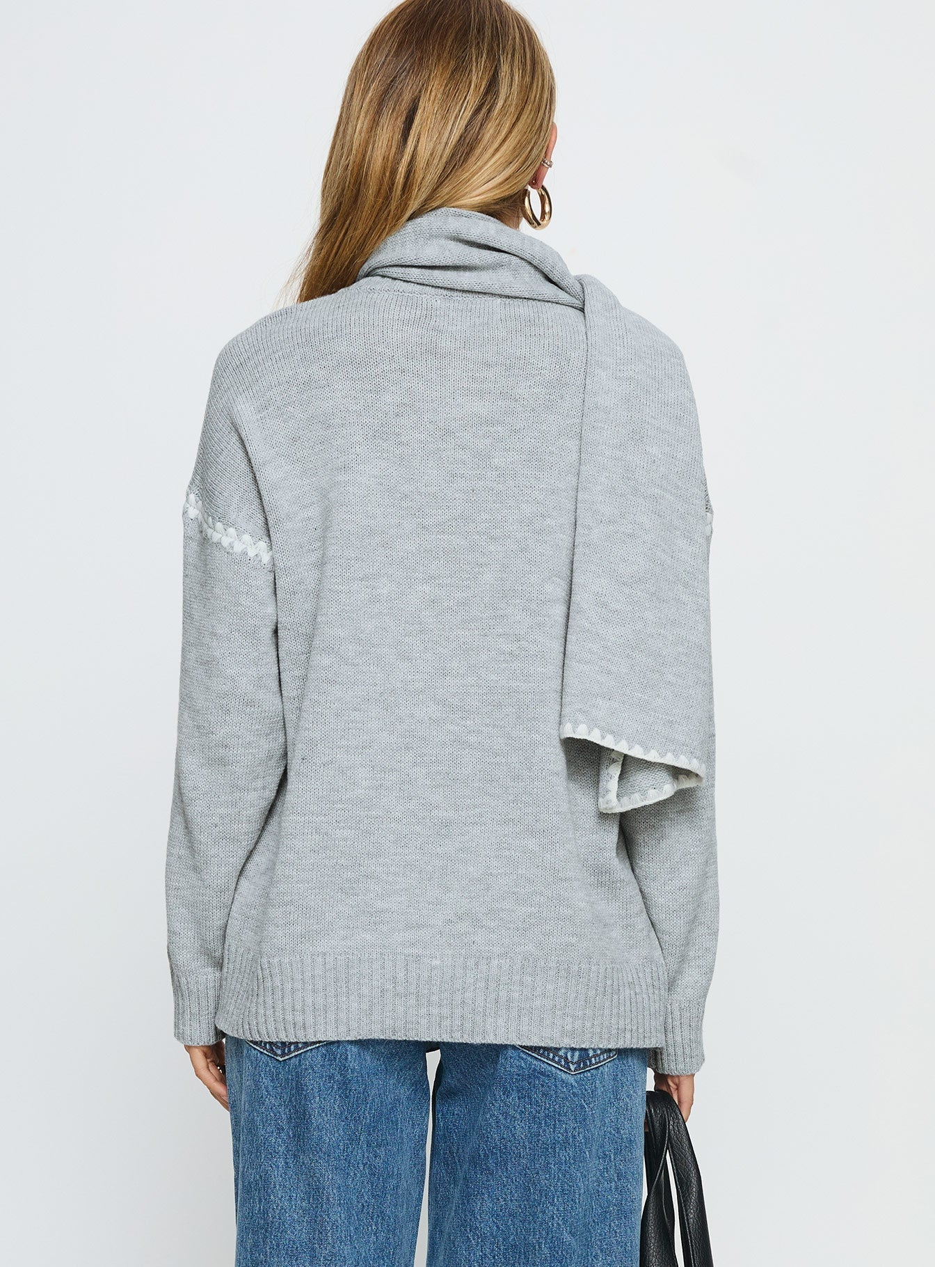 Keriana Contrast Stitch Knit Sweater Grey White