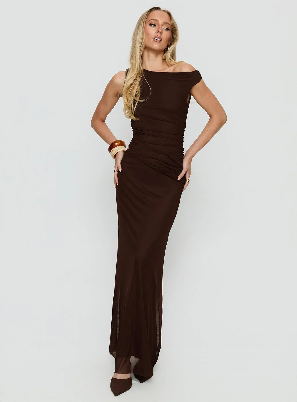 Krystyna Off Shoulder Ruched Maxi Dress Chocolate