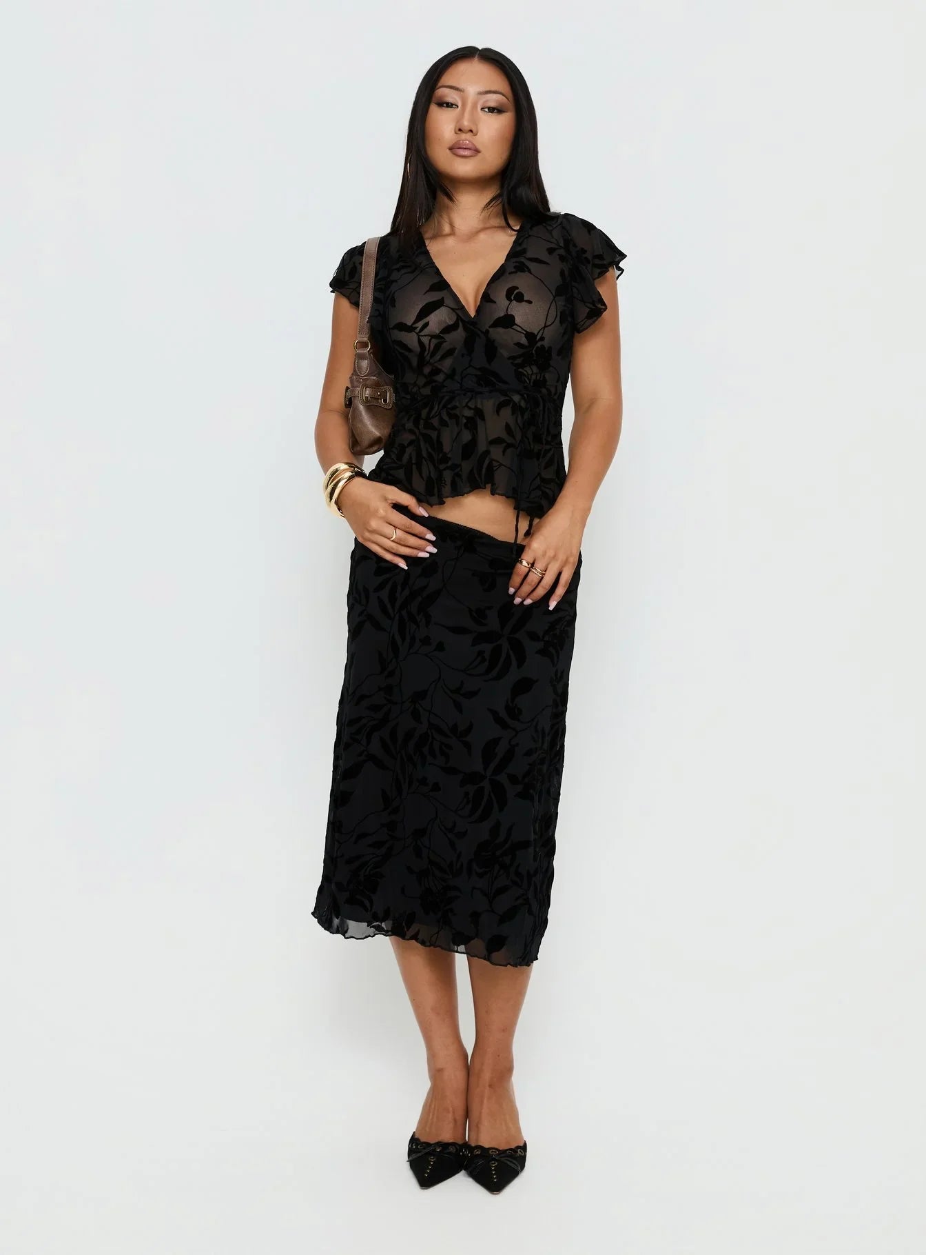 Atira Midi Skirt Leaf Flower Black