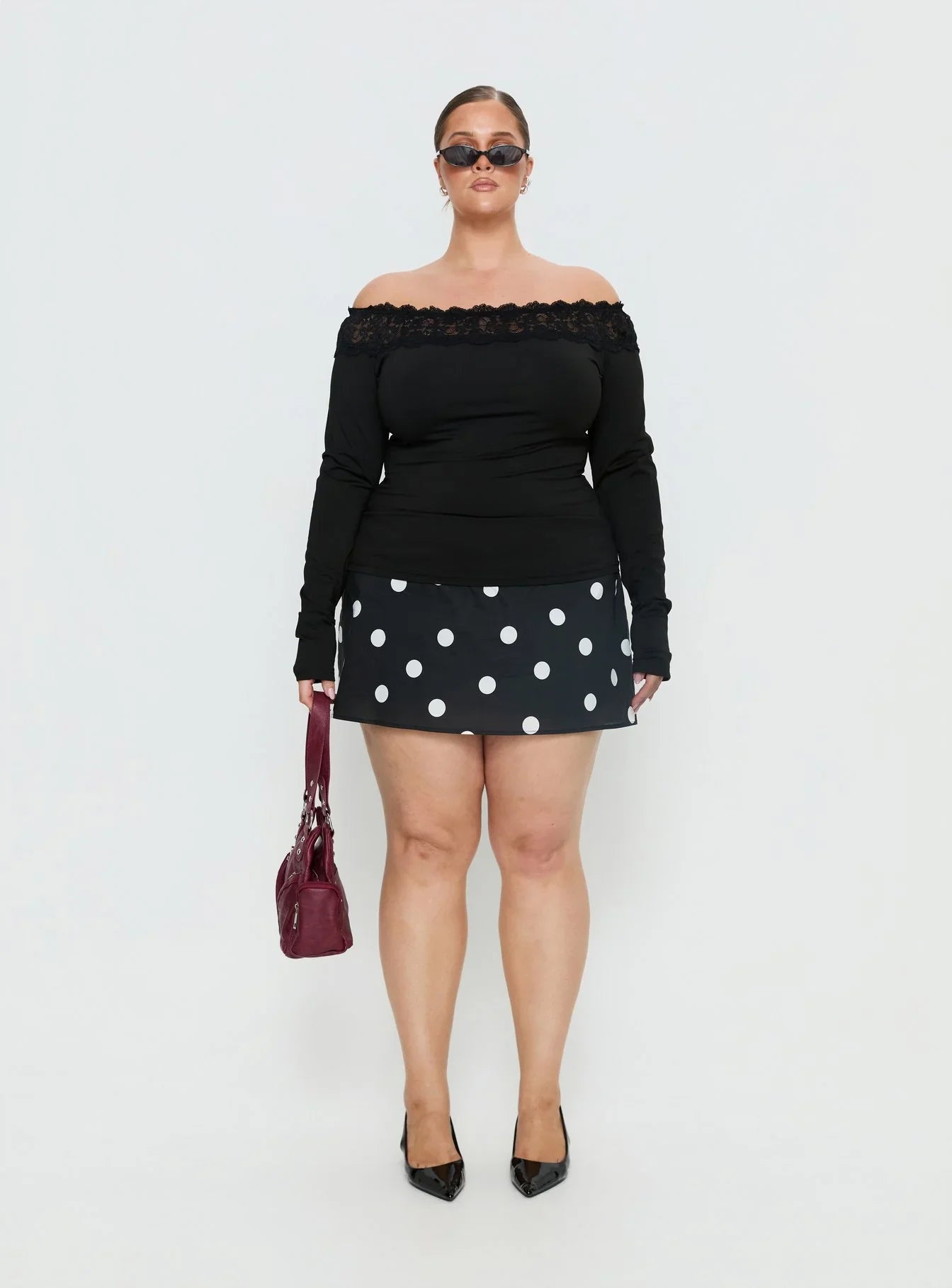 Breiann Lace Off Shoulder Long Sleeve Top Black Curve