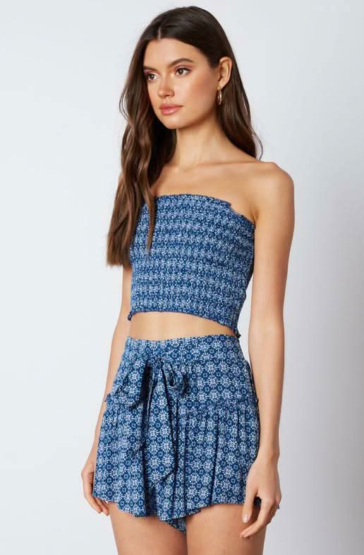 Mykonos Blue Print Cropped Two Piece Skort Set
