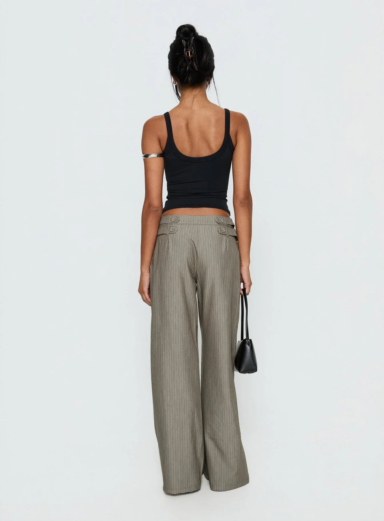 Jette Tailored Buckle Pant Taupe Pinstripe