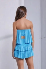 Monaco Blue Atoll Strapless Ruffle Romper