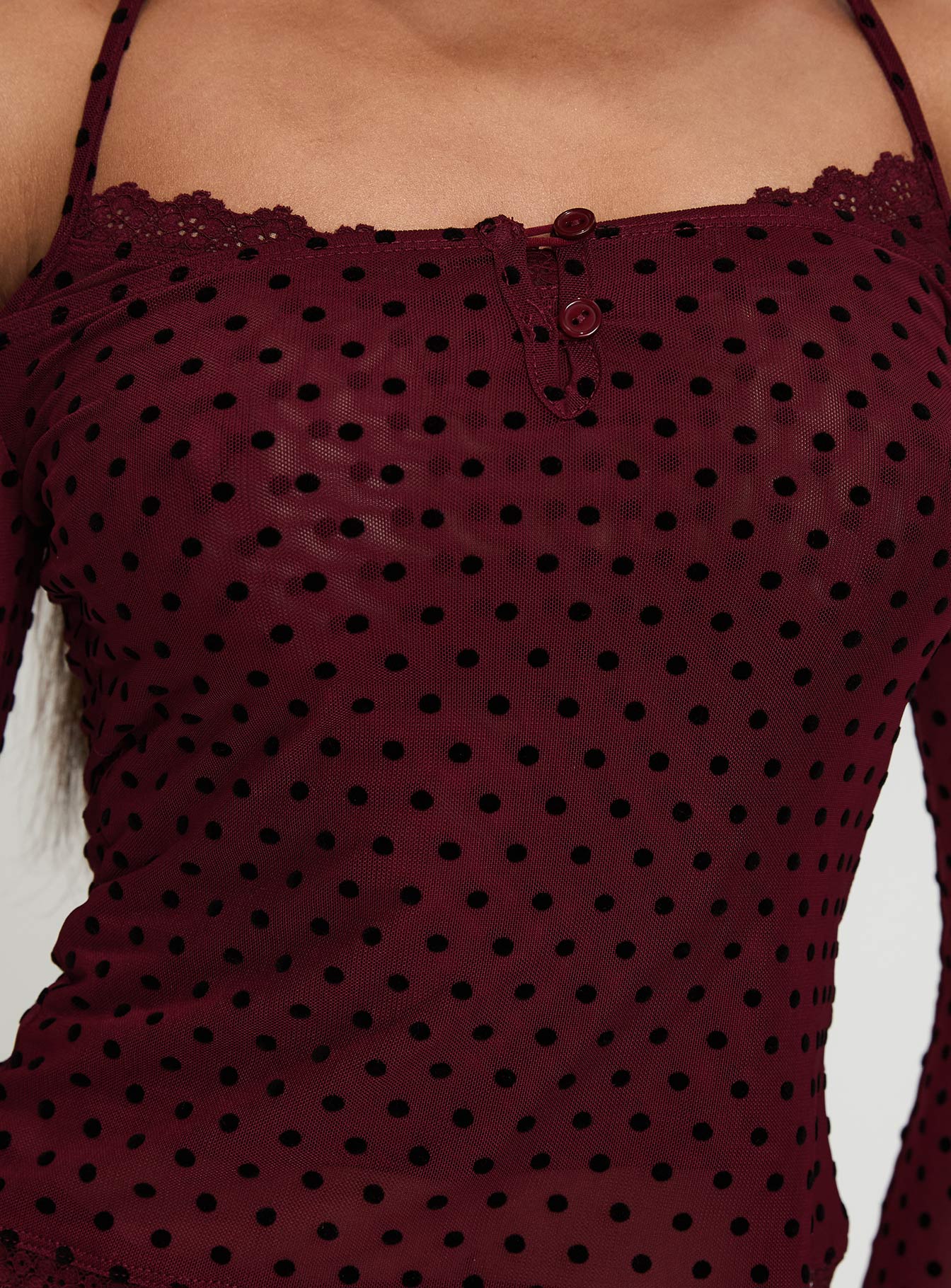 On My Side Off Shoulder Tie Neck Top Burgundy