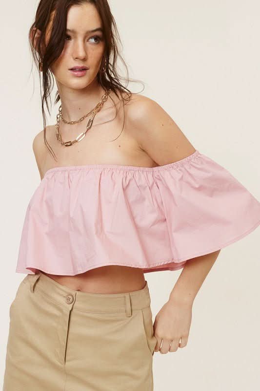 Darcie Blush Flowy Off Shoulder Crop Top