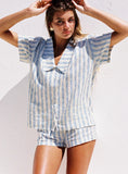 Goody Linen Button Front Top Blue Stripe