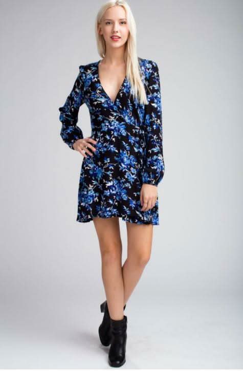 Middleton Black and Blue Floral Long Sleeve Wrap Dress