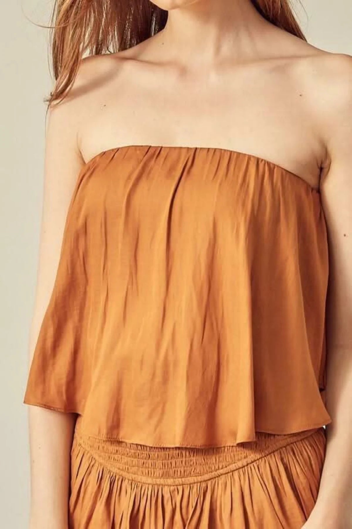 Monaco Caramel Strapless Ruffle Romper