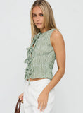 Apero Shirred Tie Front Top Green White Stripe