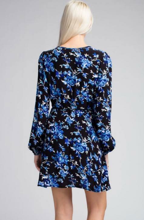Middleton Black and Blue Floral Long Sleeve Wrap Dress