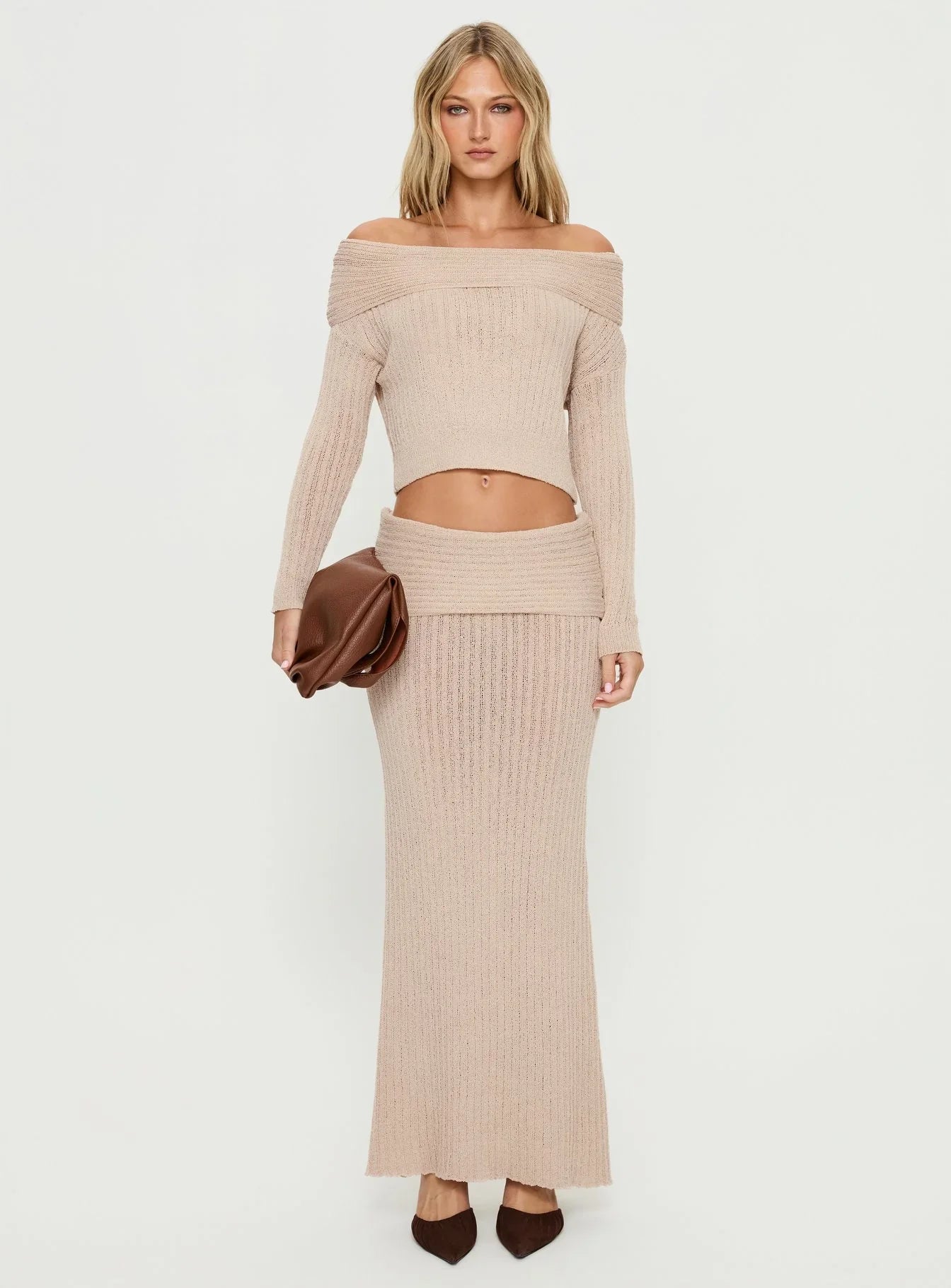 Devion Foldover Waist Maxi Skirt Beige