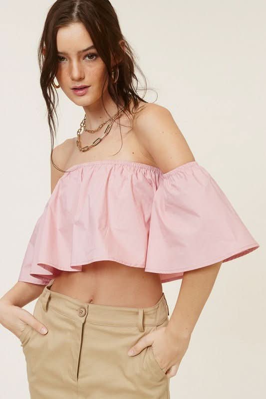 Darcie Blush Flowy Off Shoulder Crop Top